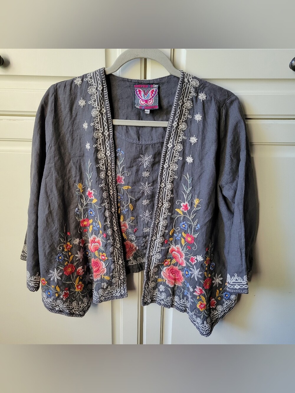 Johnny Was JW 100% Linen Embroidered Kimono 3/4 Sleeve Open Front Cardigan XS